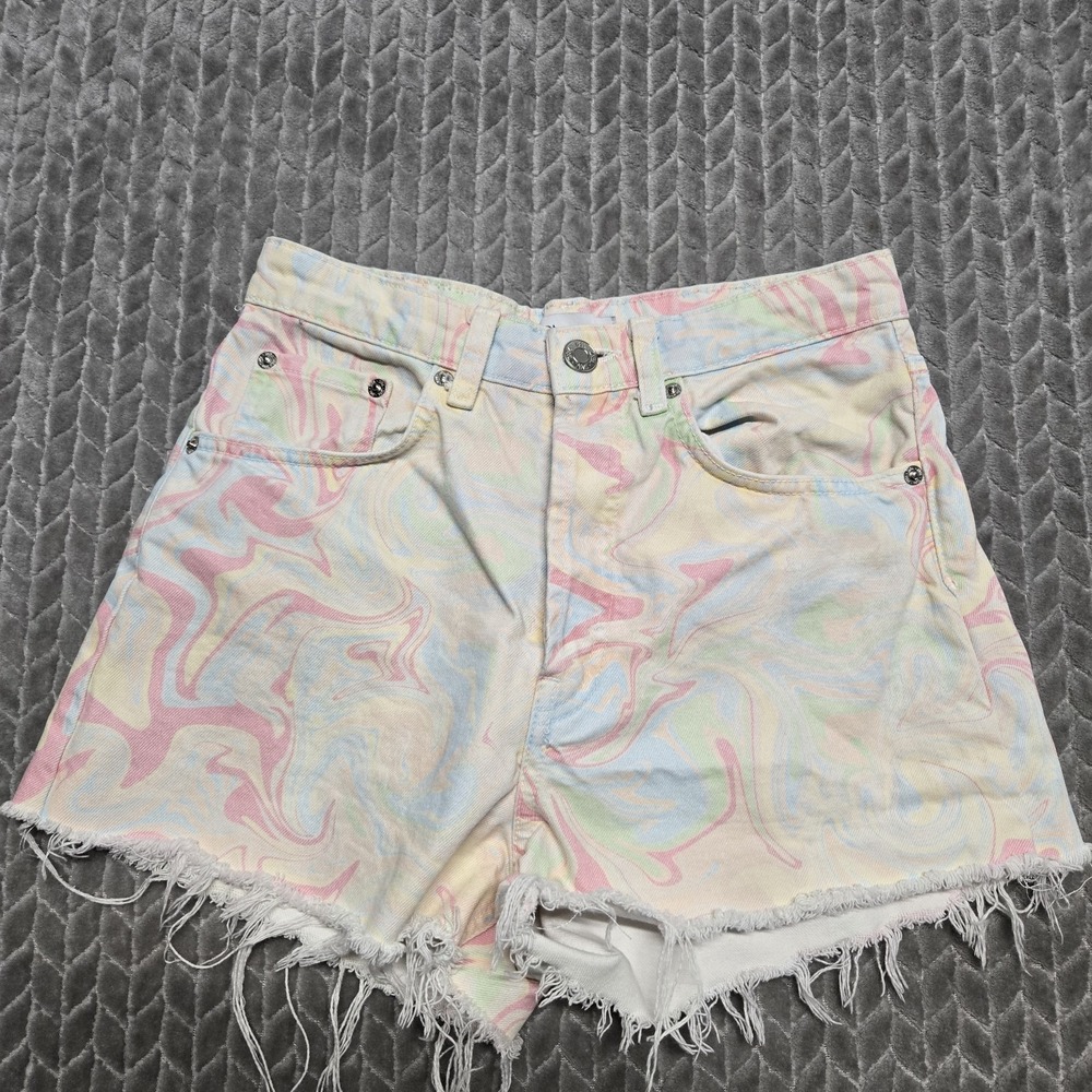 Zara Pastel‎ Marble Swirl High Waisted Denim Shorts Raw Hem Women's 4 Festival